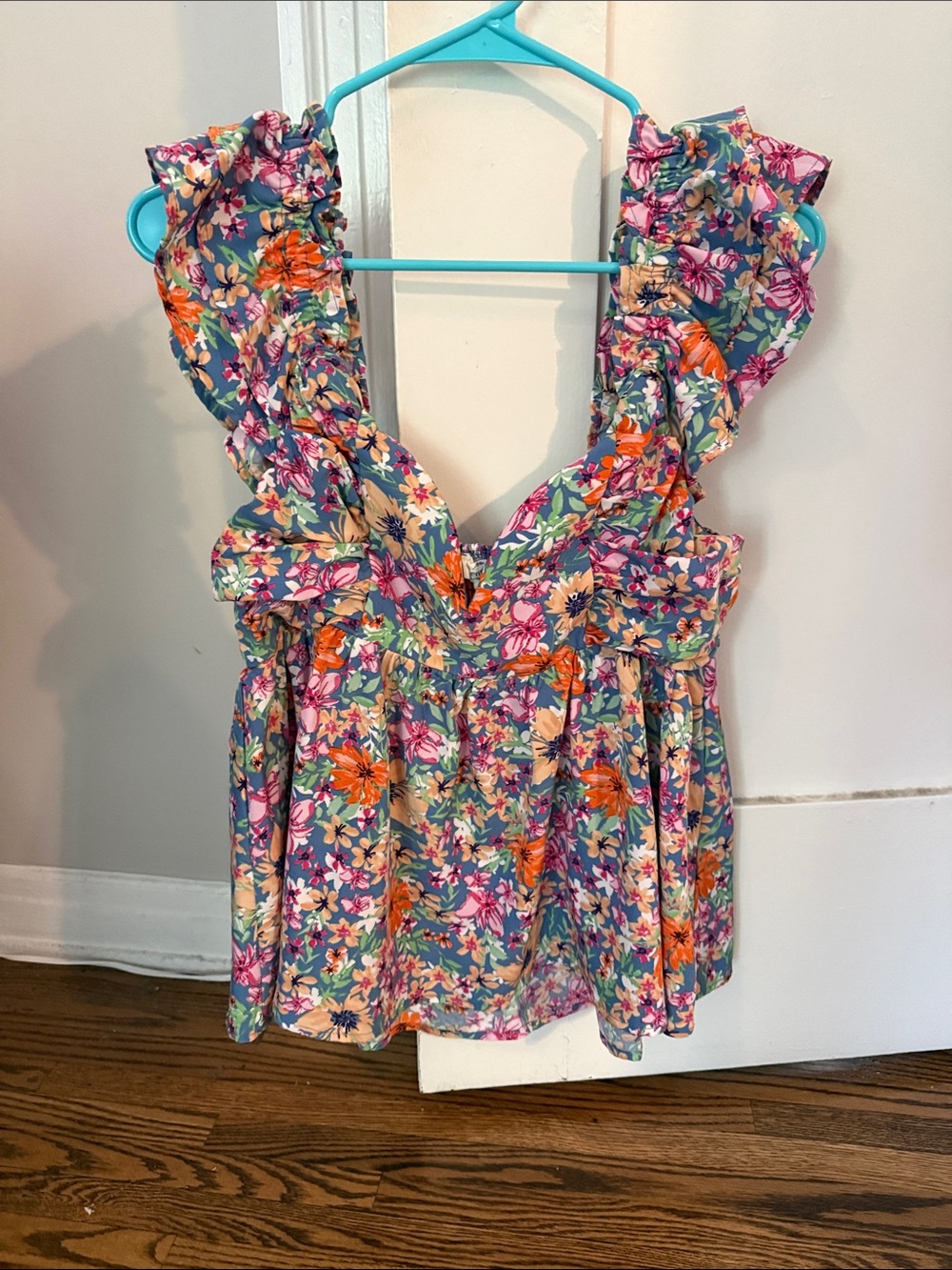 Vintage Floral Ruffle Tank Top - Teal, Pink, Orange